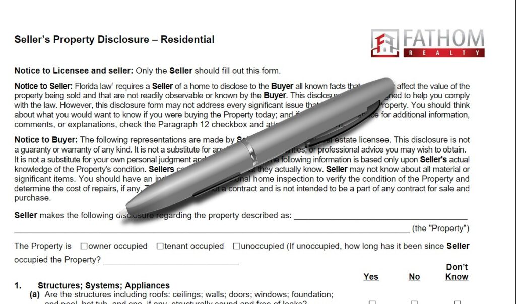 sellers property disclosure form with pen