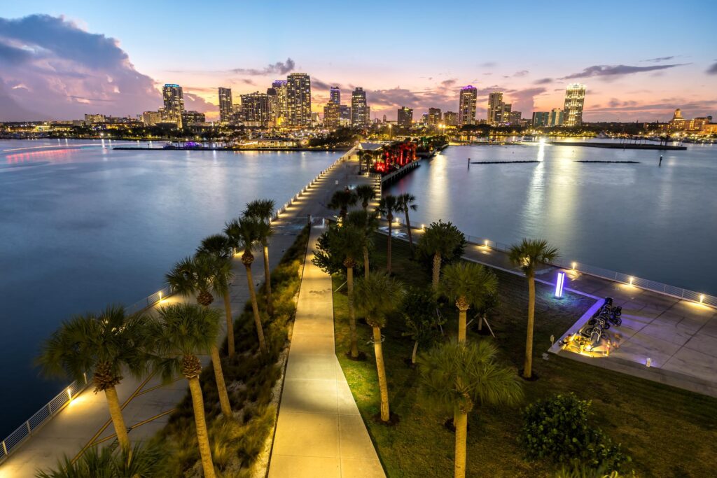 Tampa Florida skyline along the waterfront at sunset